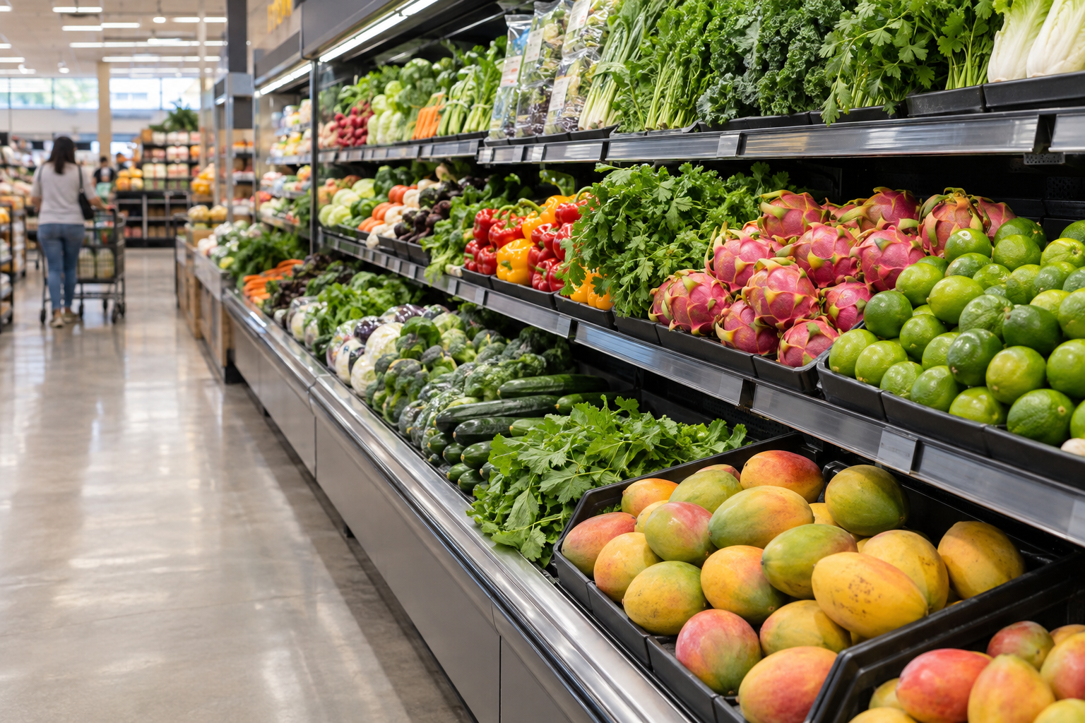 Illustration of a produce aisle in a United States supermarket